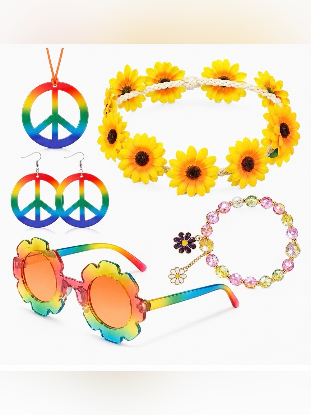 Hippie Costume 5 Pieces Kids, 60s 70s Accessories, Outfit Boho Halloween Cosplay
